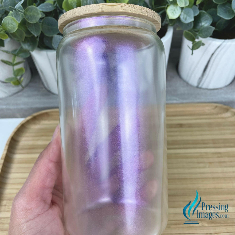 Iridescent 16oz Glass Can with Bamboo Lid for Sublimation.