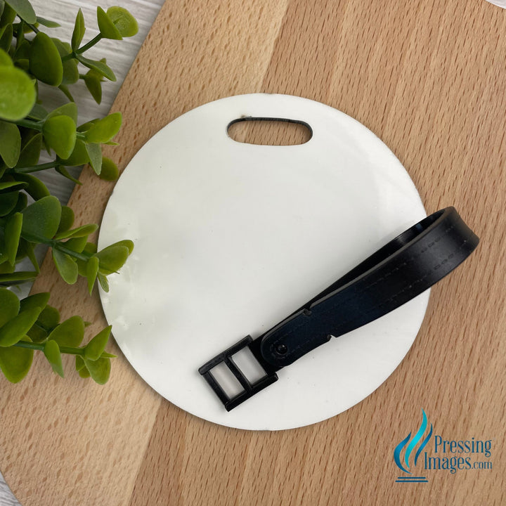 Circle sublimation ready luggage tags with black attachment strap