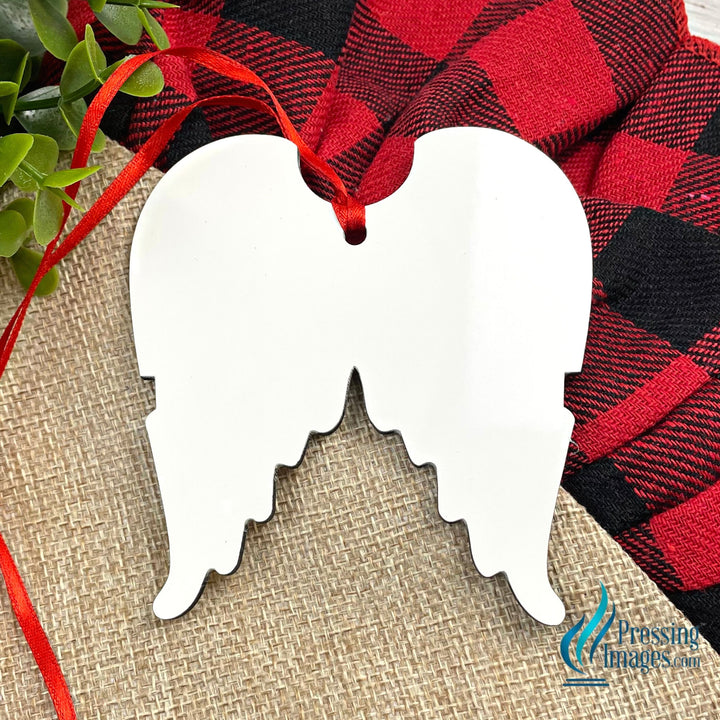 MDF angel wings sublimation ready Christmas ornament with red ribbon