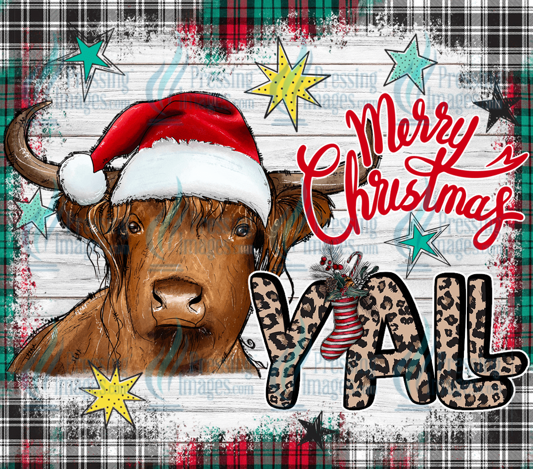 6139 Merry Christmas Yall Highland Cow Tumbler Wrap