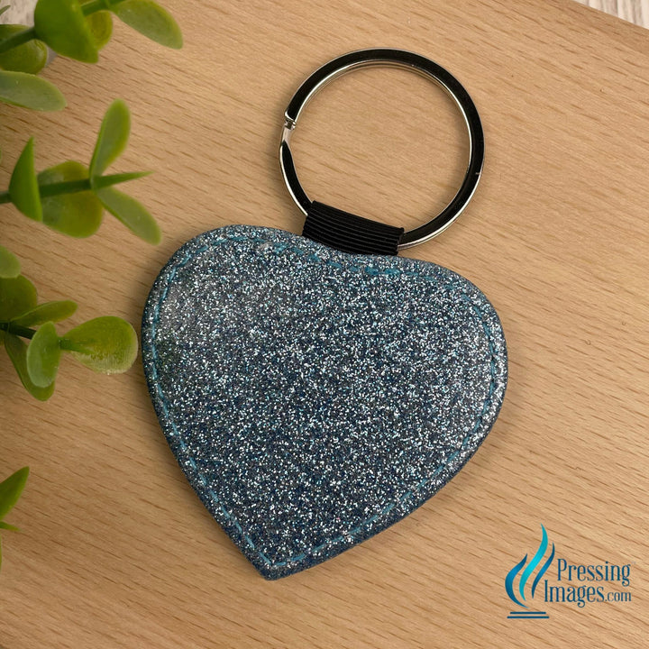 blue glitter heart keychain with faux leather backing for Sublimation 