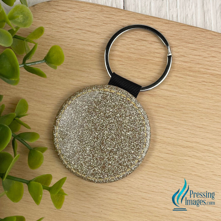 gold glitter circe keychain with faux leather backing for sublimation