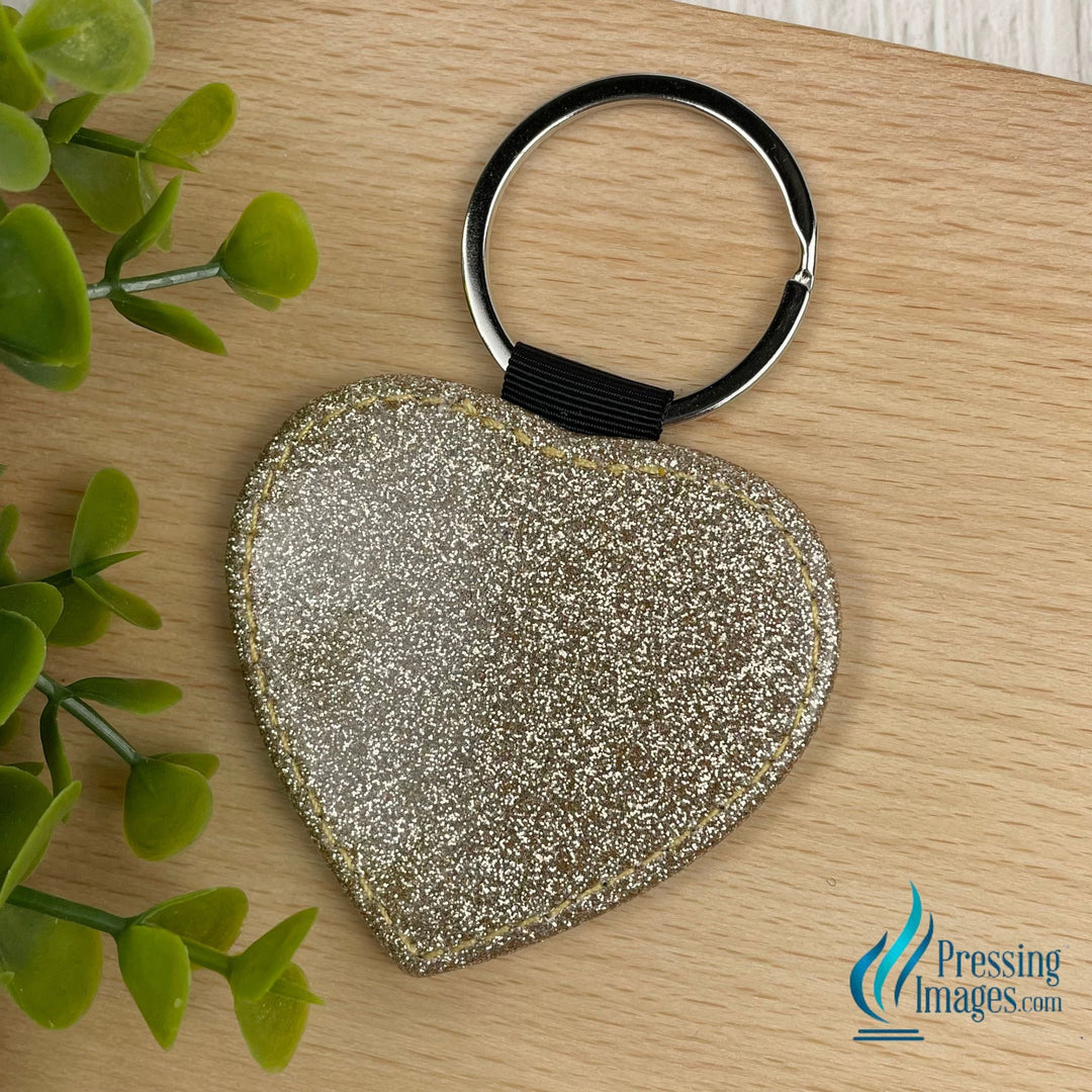 glod glitter heart keychain with faux leather backing for sublimation