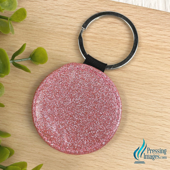 pink glitter keychain with faux leather backing for sublimation