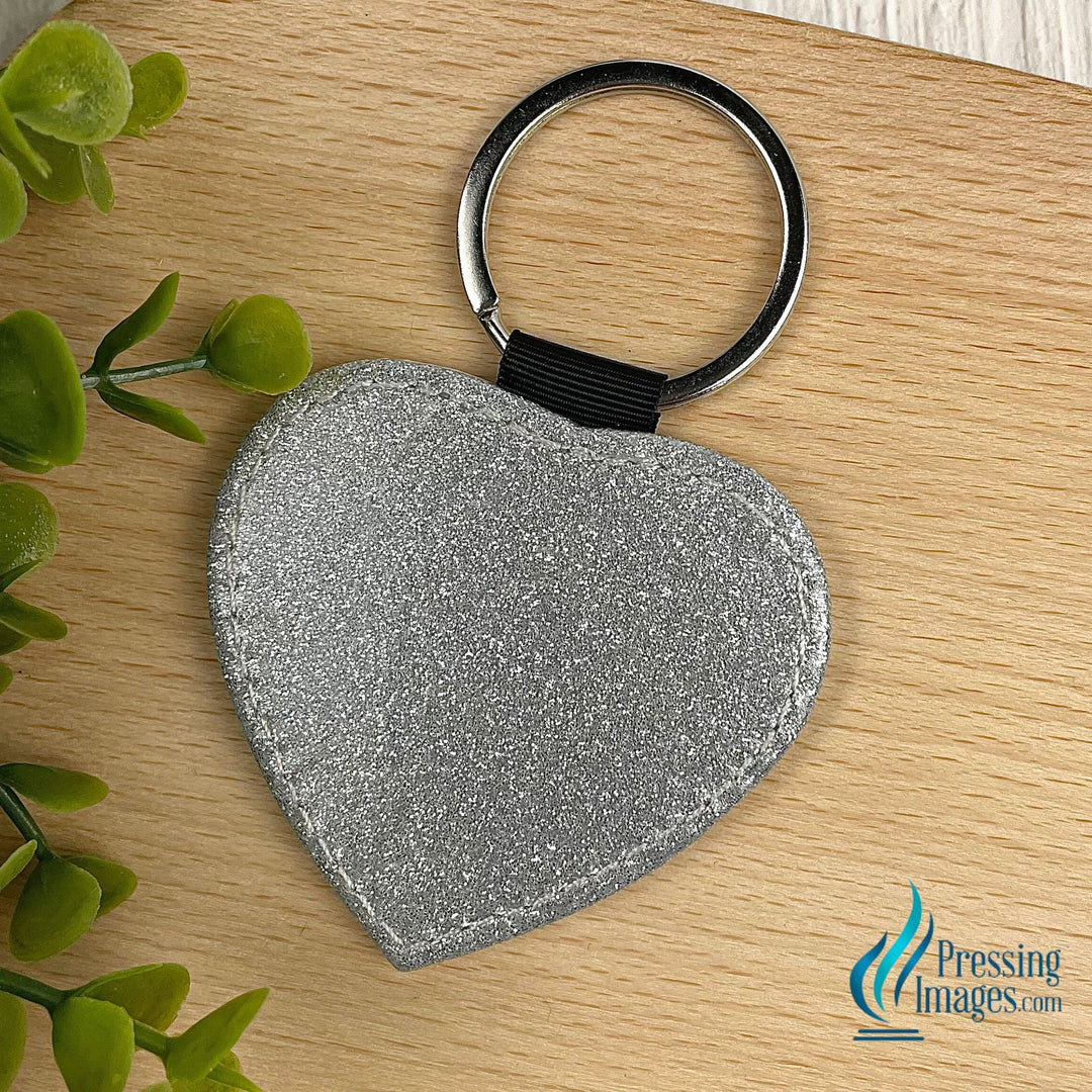 silver glitter heart keychain with white faux leather back for Sublimation 