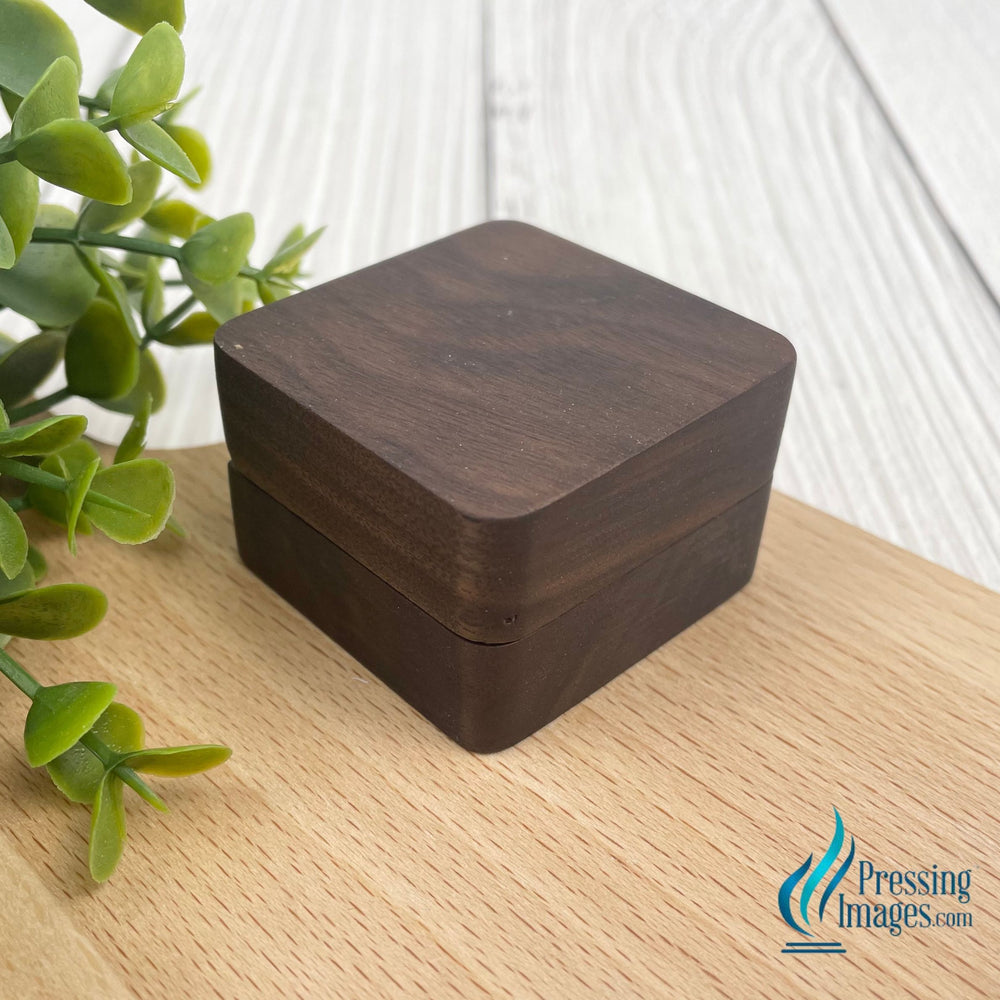 closed brown wood ring box for laser engraving